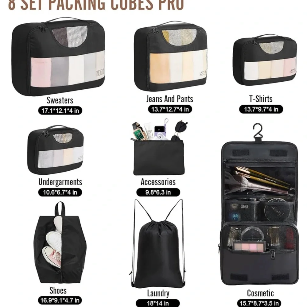 Black Makeup Organizer Set with Packing Cubes and Hanging Toiletry Bag